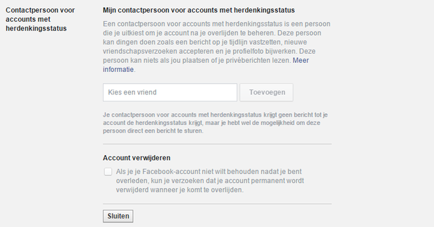 Facebook instelling bij overlijden