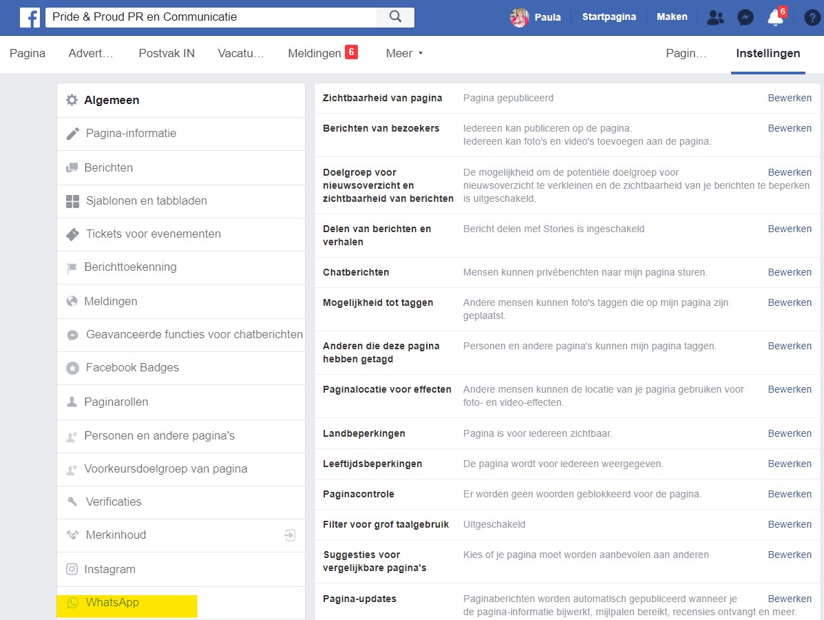 whatsapp button op facebook instellen